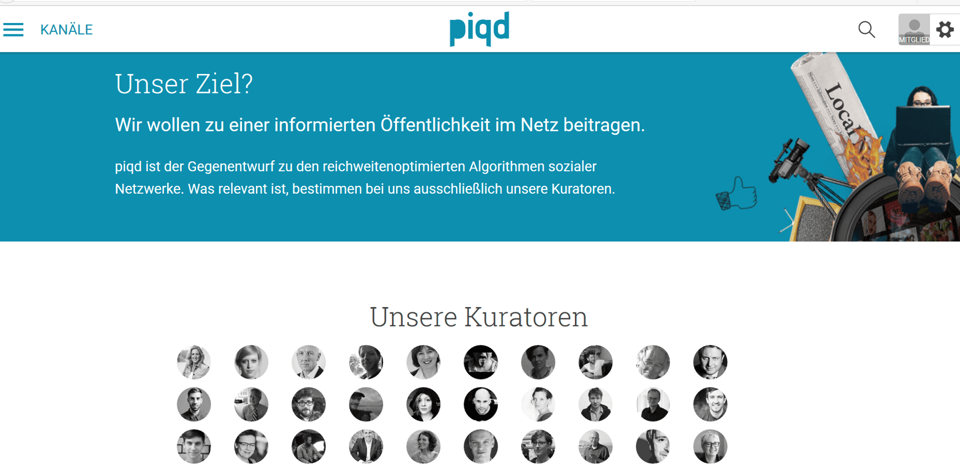 Screenshot des Portals piqd mit Zitat und Bildern von Kuratoren