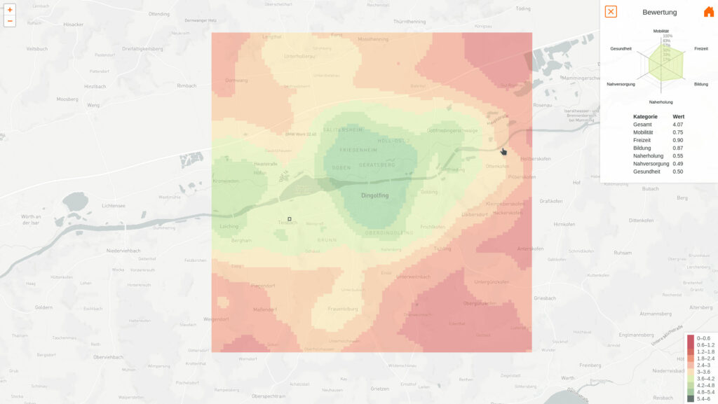 Dingolfing Heatmap mit farbiger Skala, Bewertungsfenster rechts und Kategorienscores für Mobilität, Gesundheit, Freizeit