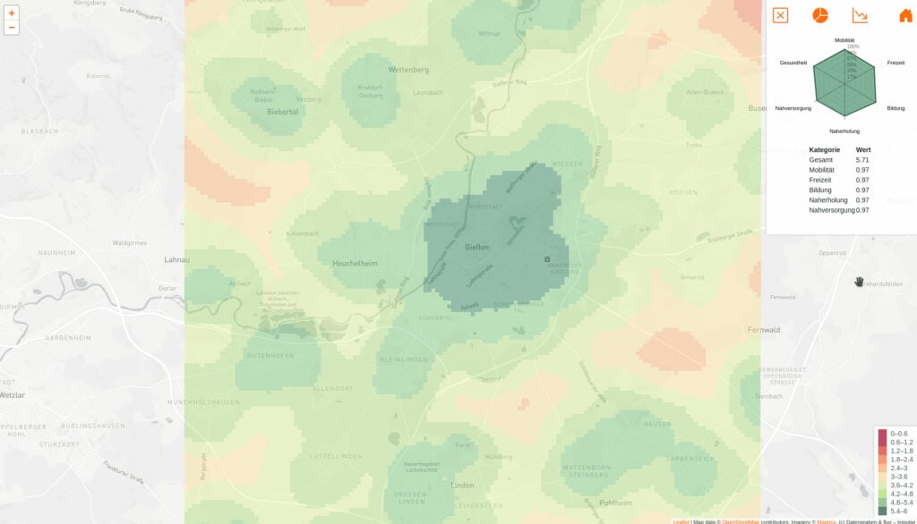 Übersichtskarte Gießen 15-Minuten-Stadt mit Heatmap zu Erreichbarkeit von Mobilität, Freizeit, Bildung und Nahversorgung