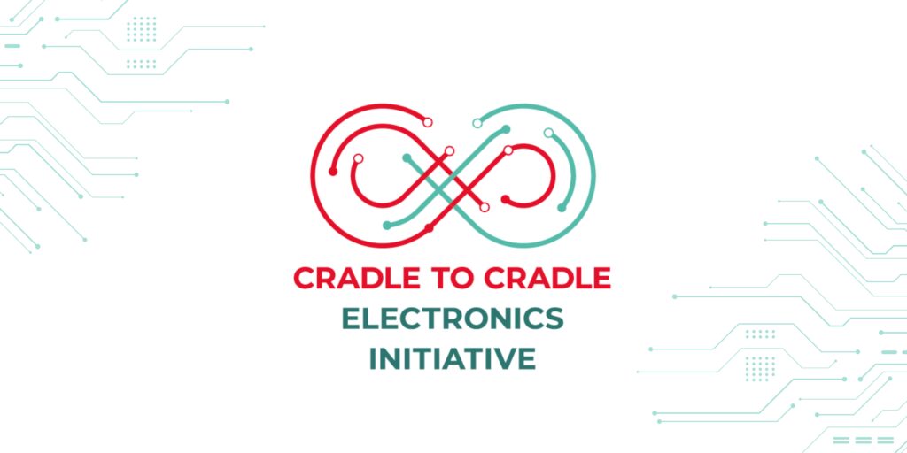 Symbol für Elektronik-Initiative mit verschlungenen Kreisen in Rot und Türk.